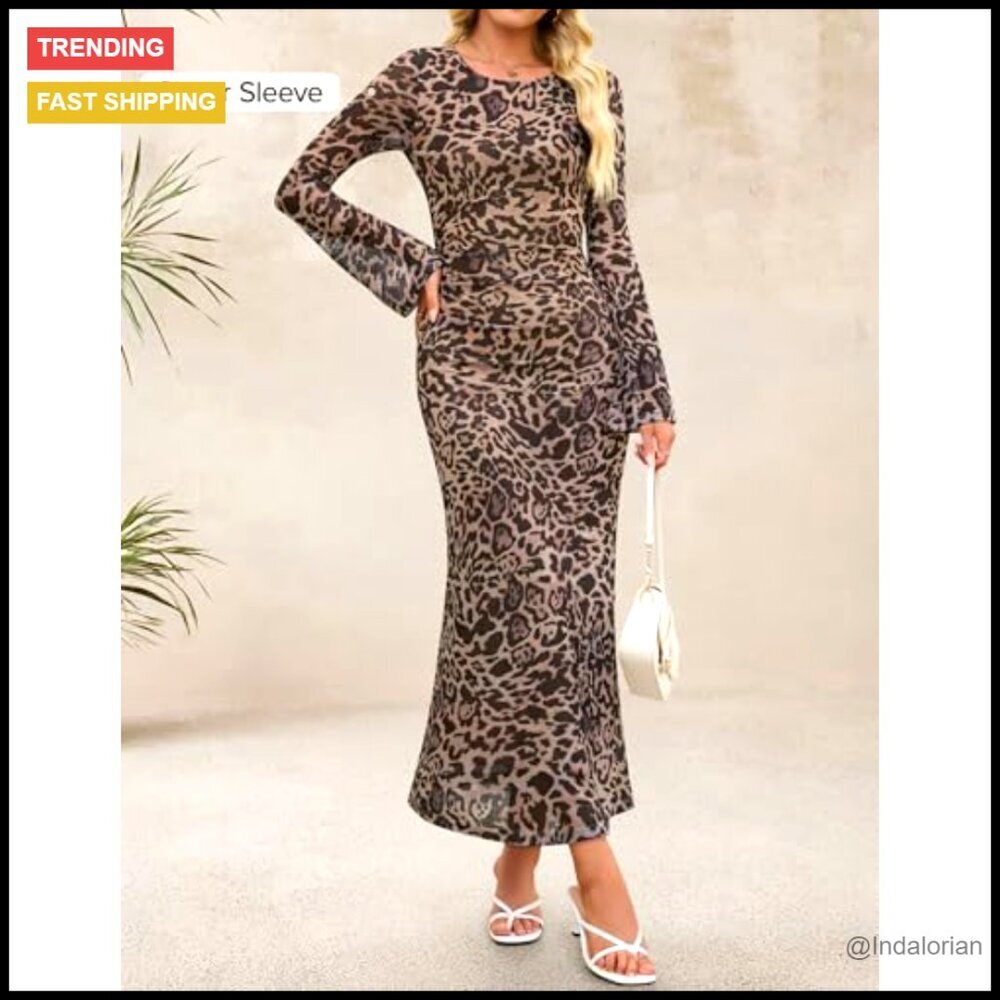 Long Sleeve Floral Bodycon Maxi Dress Ruched Mesh Wedding Guest Cocktail Party - Picture 2 of 7